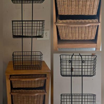 LOT 205: Wooden Vegetable Bin with Wicker Drawers and Metal Basket Wall Hanging