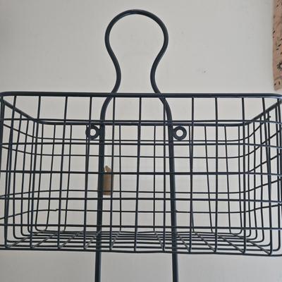 LOT 205: Wooden Vegetable Bin with Wicker Drawers and Metal Basket Wall Hanging