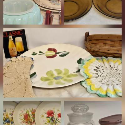 LOT Kitchen Lot with Apple Clock, Tupperware Jell-o Mold, Serving Plates, Cannister with Match Collection, and More