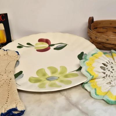 LOT Kitchen Lot with Apple Clock, Tupperware Jell-o Mold, Serving Plates, Cannister with Match Collection, and More