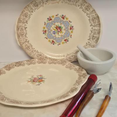 LOT Kitchen Lot with Apple Clock, Tupperware Jell-o Mold, Serving Plates, Cannister with Match Collection, and More