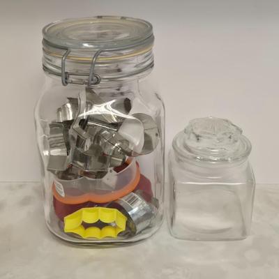 LOT Kitchen Lot with Apple Clock, Tupperware Jell-o Mold, Serving Plates, Cannister with Match Collection, and More