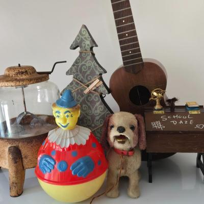 LOT 207: Vintage Toys Including C.G. Wood Company Ringer Washer, Plush Mechanical Dog, Roly Poly Clown, and More