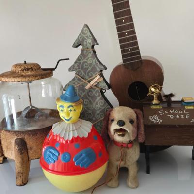 LOT 207: Vintage Toys Including C.G. Wood Company Ringer Washer, Plush Mechanical Dog, Roly Poly Clown, and More