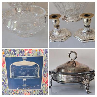 LOT 209: Formal Hostess Ware Including Encore Cake Stand, Silver-toned Candle Stick Holders, Footed Silver Plated Casserole Dish, and...