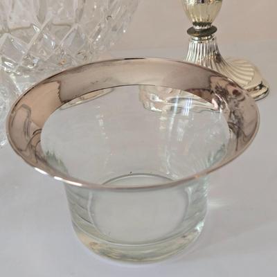 LOT 209: Formal Hostess Ware Including Encore Cake Stand, Silver-toned Candle Stick Holders, Footed Silver Plated Casserole Dish, and...