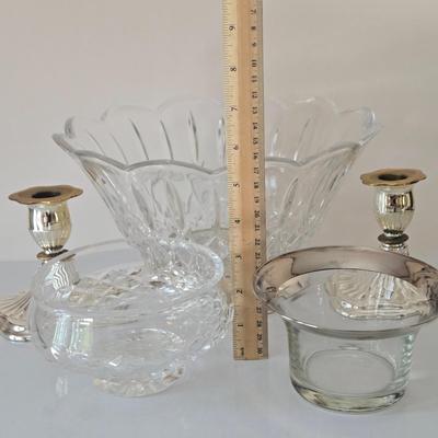 LOT 209: Formal Hostess Ware Including Encore Cake Stand, Silver-toned Candle Stick Holders, Footed Silver Plated Casserole Dish, and...