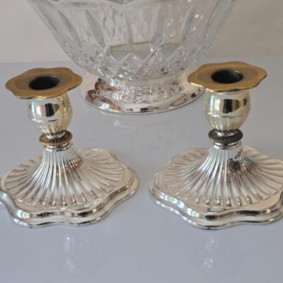 LOT 209: Formal Hostess Ware Including Encore Cake Stand, Silver-toned Candle Stick Holders, Footed Silver Plated Casserole Dish, and...