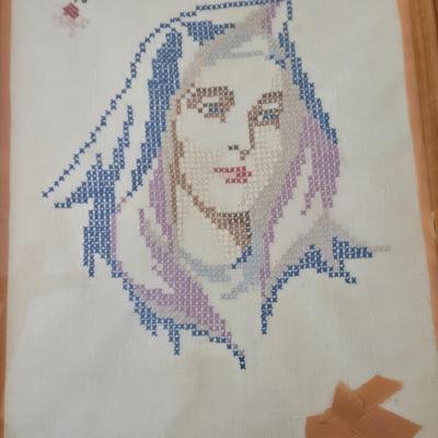 LOT 211: Vintage Cross Stitch Embroidery Madonna, Sacred Heart of Jesus Print, Pope John Paul I Photo, Gold-tone Crucifix, Padre Pio...
