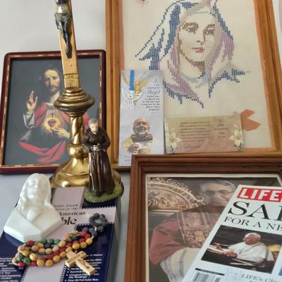 LOT 211: Vintage Cross Stitch Embroidery Madonna, Sacred Heart of Jesus Print, Pope John Paul I Photo, Gold-tone Crucifix, Padre Pio...