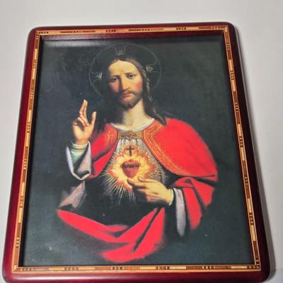 LOT 211: Vintage Cross Stitch Embroidery Madonna, Sacred Heart of Jesus Print, Pope John Paul I Photo, Gold-tone Crucifix, Padre Pio...