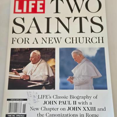 LOT 211: Vintage Cross Stitch Embroidery Madonna, Sacred Heart of Jesus Print, Pope John Paul I Photo, Gold-tone Crucifix, Padre Pio...