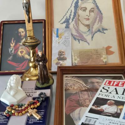 LOT 211: Vintage Cross Stitch Embroidery Madonna, Sacred Heart of Jesus Print, Pope John Paul I Photo, Gold-tone Crucifix, Padre Pio...