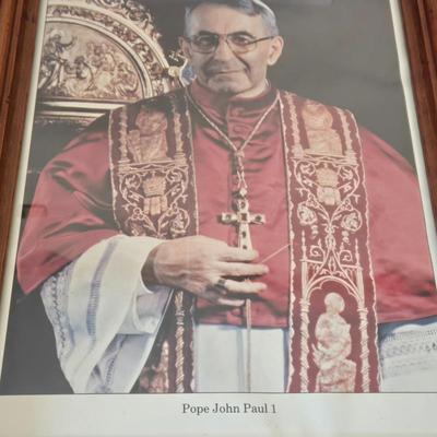 LOT 211: Vintage Cross Stitch Embroidery Madonna, Sacred Heart of Jesus Print, Pope John Paul I Photo, Gold-tone Crucifix, Padre Pio...