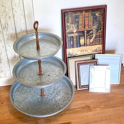 LOT 212: Three Tier Metal Galvanized Tray with Memo Board and Assorted Picture Frames