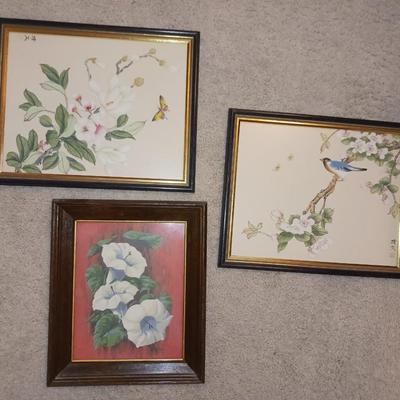 2 ASIAN THEMED PICTURES AND A FLORAL PICTURE
