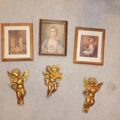 3 FRAMED PICTURES AND 3 WALL HUNG CHERUBS