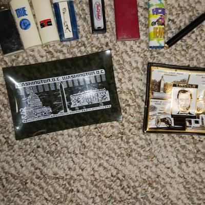 RUBBER TIRE AND GLASS ASHTRAYS PLUS MANY LIGHTERS