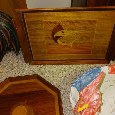 ROOSTERS AND INLAID WOOD TRAYS