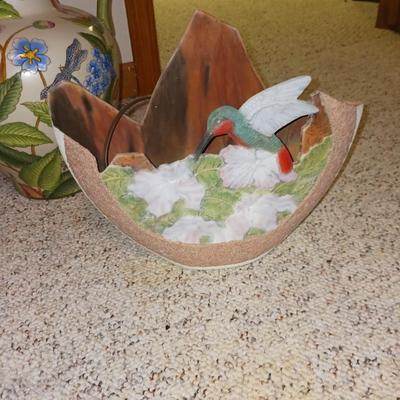 HUMMINGBIRD TV LAMP, LARGE PITCHER, FAUX FLOWERS ON A LARGE GLASS BOWL