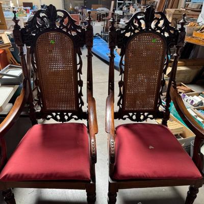 2 Cane back Antique carved chairs