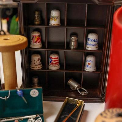 Thimbles, M.Chino Pot, Antique thread winder, Red custom bowl & Sculpture