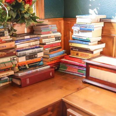 Stained Glass Lamp ($150), Books, Art, Floral Decoration, Beautiful Table & More