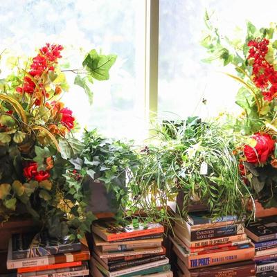 Stained Glass Lamp ($150), Books, Art, Floral Decoration, Beautiful Table & More