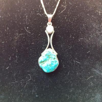STERLING SILVER CHAIN AND PENDANT WITH GENUINE PEARL AND CHUNK OF TURQUOISE