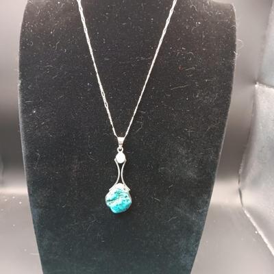 STERLING SILVER CHAIN AND PENDANT WITH GENUINE PEARL AND CHUNK OF TURQUOISE