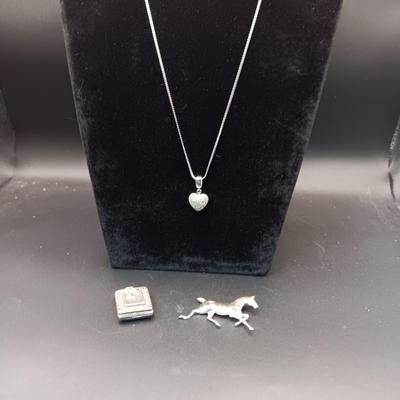 STERLING SILVER CHAIN AND HEART PENDANT PLUS ANTIQUE STERLING LOCKET 16.30g