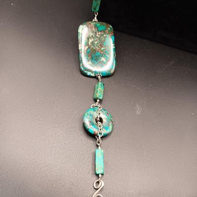 LONG GENUINE TURQUOISE NECKLACE WITH STERLING SILVER ACCENTS MARKED KL