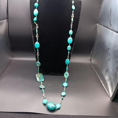 LONG GENUINE TURQUOISE NECKLACE WITH STERLING SILVER ACCENTS MARKED KL