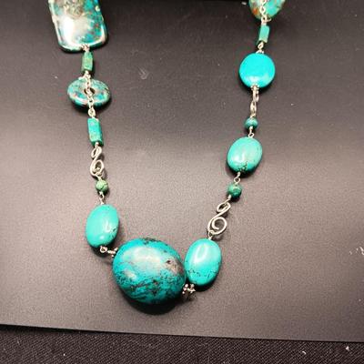 LONG GENUINE TURQUOISE NECKLACE WITH STERLING SILVER ACCENTS MARKED KL