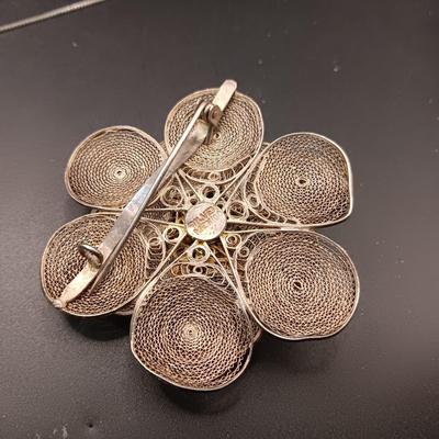 SILVER FILIGREE BROOCH, STERLING CHAIN AND CLIP ON EARRINGS W/ABALONE