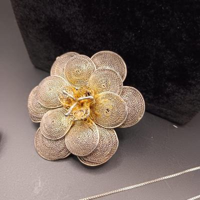 SILVER FILIGREE BROOCH, STERLING CHAIN AND CLIP ON EARRINGS W/ABALONE