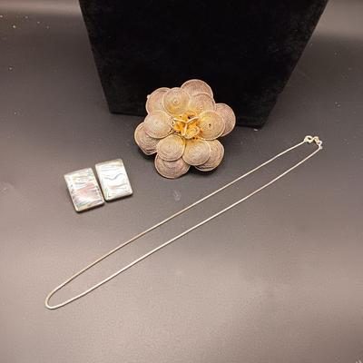 SILVER FILIGREE BROOCH, STERLING CHAIN AND CLIP ON EARRINGS W/ABALONE