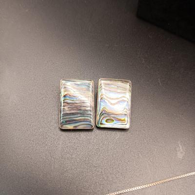 SILVER FILIGREE BROOCH, STERLING CHAIN AND CLIP ON EARRINGS W/ABALONE