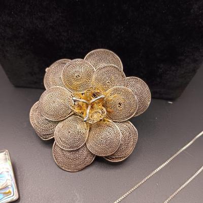 SILVER FILIGREE BROOCH, STERLING CHAIN AND CLIP ON EARRINGS W/ABALONE