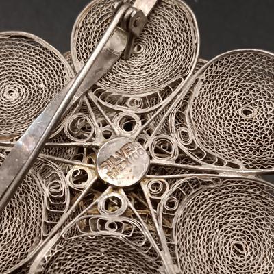 SILVER FILIGREE BROOCH, STERLING CHAIN AND CLIP ON EARRINGS W/ABALONE