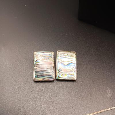 SILVER FILIGREE BROOCH, STERLING CHAIN AND CLIP ON EARRINGS W/ABALONE
