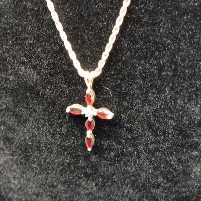 10K GOLD GARNET AND DIAMOND CROSS W/10K CHAIN PLUS A 10K RING WITH DIAMONDS 8.43g SIZE 7 1/2
