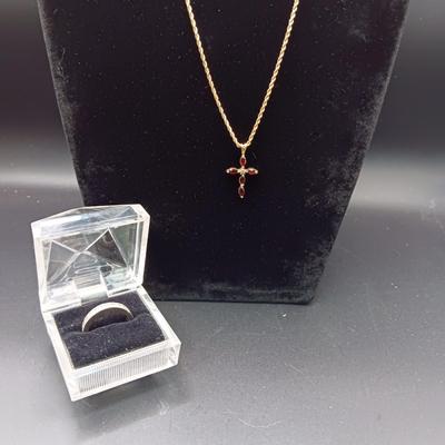 10K GOLD GARNET AND DIAMOND CROSS W/10K CHAIN PLUS A 10K RING WITH DIAMONDS 8.43g SIZE 7 1/2