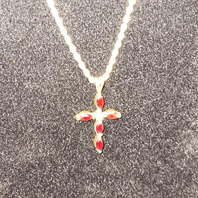 10K GOLD GARNET AND DIAMOND CROSS W/10K CHAIN PLUS A 10K RING WITH DIAMONDS 8.43g SIZE 7 1/2