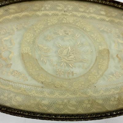 1920’s Gilt Brass Vanity Tray with Needlepoint Lace under glass MW Carr & Co. Perfume Make-up