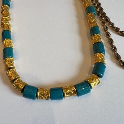 1976 MMA Egyptian Revival Faience Necklace + Krementz Chain - Designer Vintage Costume Jewlery