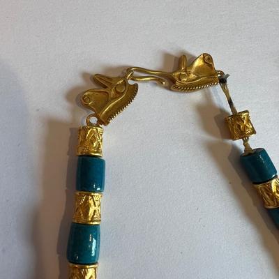 1976 MMA Egyptian Revival Faience Necklace + Krementz Chain - Designer Vintage Costume Jewlery