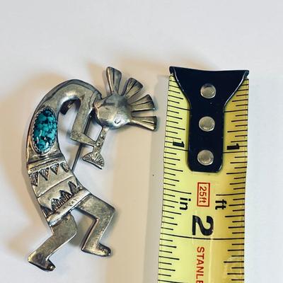 Vintage Navajo Sterling Silver Blue Turquoise Kokopelli Brooch Pin