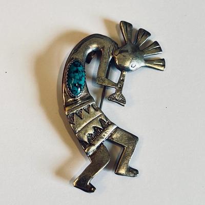 Vintage Navajo Sterling Silver Blue Turquoise Kokopelli Brooch Pin