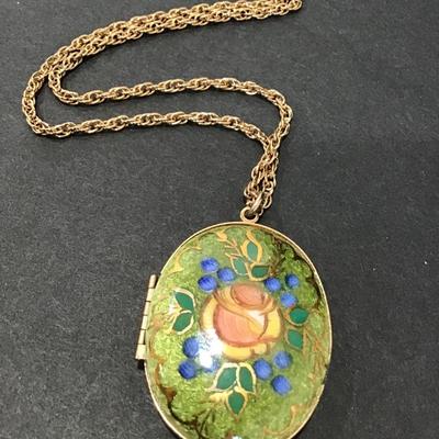 Beautiful Vintage Green floral. Hand painted locket necklace